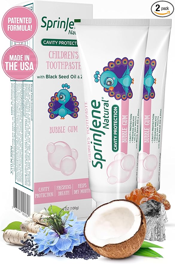 SprinJene Natural Children’s Toothpaste – Fluoride Bubblegum Toothpaste for Kids & Toddlers – Safe Gentle Formula for Cavity Protection – Made in The USA with Black Seed Oil & Zinc (2 Pack)