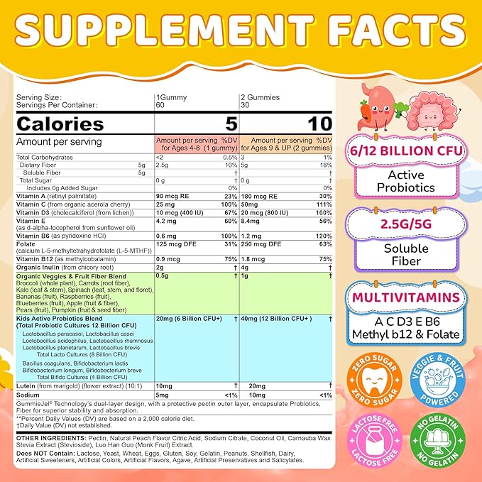 2Pack Probiotics for Kids Teen + Veggie & Fruit Fiber Gummies, with 12 Billion CFU Probiotic, Organic Inulin Prebiotics Fiber, Methyl B12 B6 C for Children's Digestive & Gut, Immune Health, Sugar Free