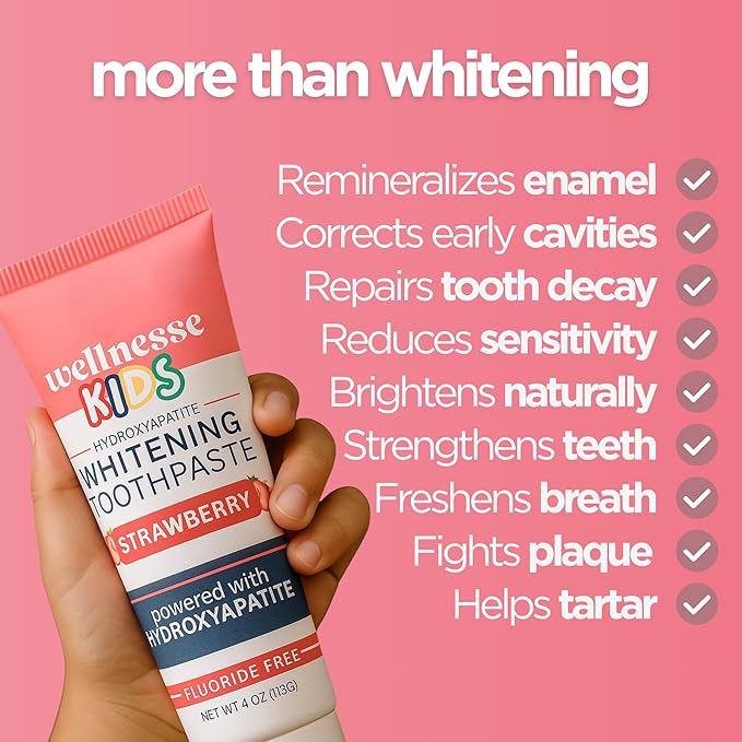 Wellnesse Kids Hydroxyapatite Toothpaste with Xylitol - Fluoride Free Toddler & Children's Natural Toothpaste, Freshens Breath, Sensory-Friendly Oral Care, Vegan, Strawberry Flavor, 4 oz (Pack of 3)