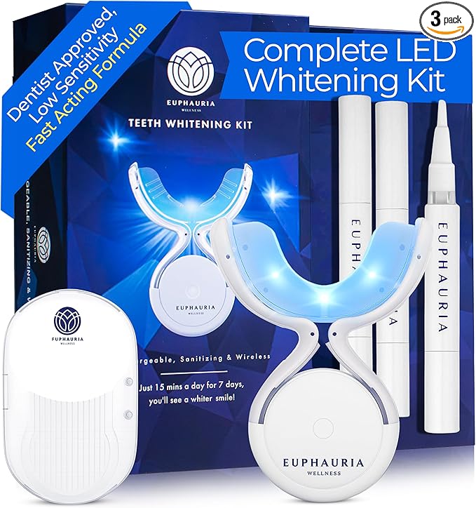 Premium Teeth Whitening Kit - LED Accelerator Light, 12% Hydrogen Peroxide Sensitivity Relief Gel Pen (Pack of 3), Red & Blue UV Whitening Spectrum, Sanitizing Travel Storage Case for Adults