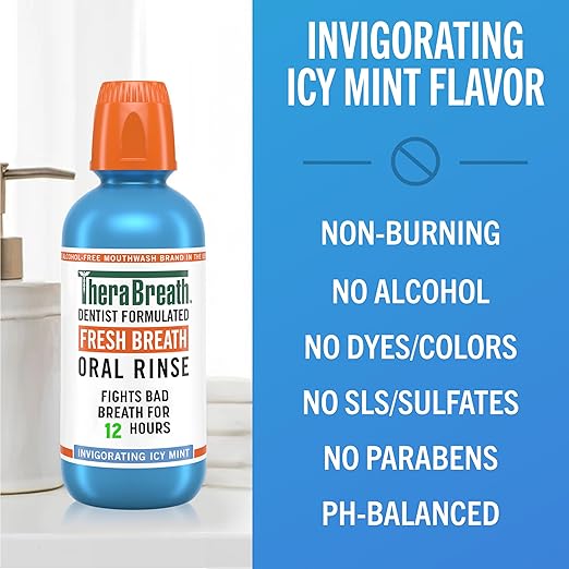 TheraBreath Fresh Breath Oral Rinse, Invigorating ICY Mint Flavor, Dentist Formulated and ADA-Accepted Mouthwash for Bad Breath pH-Balanced, Alcohol Free & Non-Burning, 1 Liter