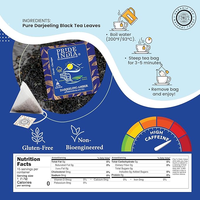 Pride of India | Darjeeling Amber: Afternoon Black Tea | 15 Pyramid Full Leaf Individually Wrapped Tea Bags | Smooth, Musky, Flowery Flavor| Single Estate Certified Classic Tea