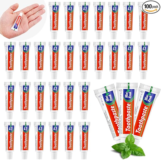 HOFASON 100 Tubes Bulk Travel Size Toothpaste for Bad Breath, 0.18 oz(5 g) Disposable Extra Small 2.28x0.78 inches Mini Toothpaste Peppermint for Guests, Homeless, Hotel, Charity Toiletries
