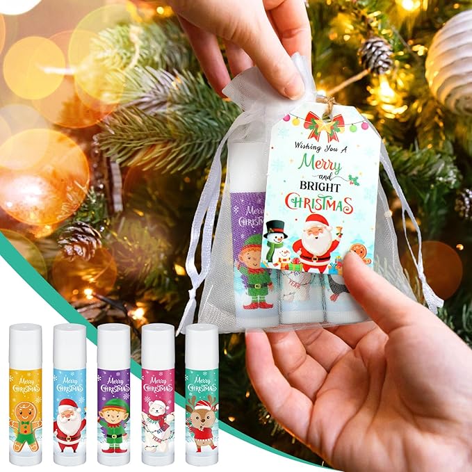 100 Pack Christmas Lip Balm Bulk Party Favors, Holiday Stocking Stuffers for Women Men, Small Employee Appreciation Gifts, Winter Moisturizing Lip Care Set for Coworkers Staff Thank You Gifts