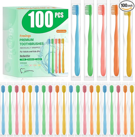 100 Pack Premium Disposable Toothbrushes Bulk – Individually Wrapped Soft Bristle Toothbrushes for Travel, Hotel Guest, Donation, Kids, Adults – Single Use, Family & Emergency Hygiene