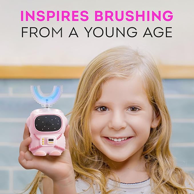 Bendi Sensory 360 Round U-Shaped Astronaut Design Mouthguard Electric Toothbrush for Kids Ages 2-7 - Automatic Memory Function - 5 Modes Toothbrush with Multiple Heads – Kids Travel Essentials (Pink)