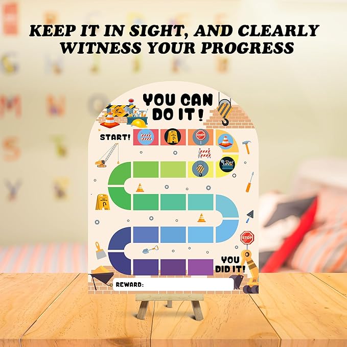 Construction Reward Chart, Behavior Chart for Kids at Home, Wooden Incentive Chart Signboard with 24 Tokens, Dump Truck Themed Sticker Charts Classroom Essentials -05