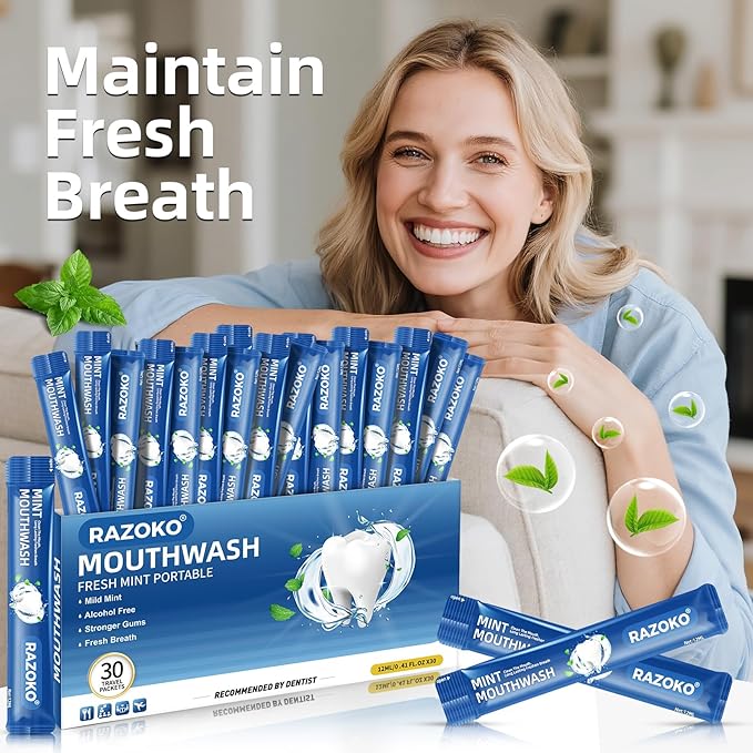 RAZOKO Mouthwash Travel Size-Portable Fresh Mint Packets,Alcohol & Fluoride Free Mouthwash,Disposable Oral Care Strips