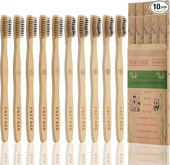 10 Count Bamboo Toothbrush (Soft+Medium) Charcoal Toothbrushes, Natural Wood Toothbrushes, Reusable Travel Toothbrushes