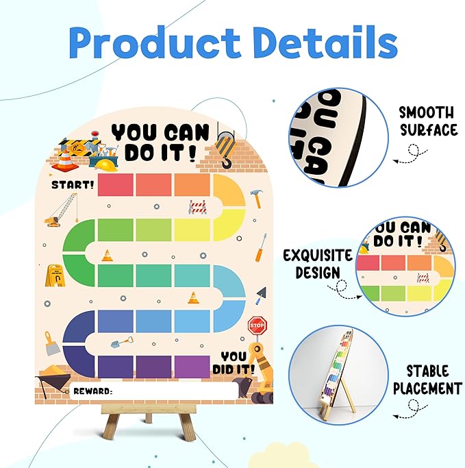 Construction Reward Chart, Behavior Chart for Kids at Home, Wooden Incentive Chart Signboard with 24 Tokens, Dump Truck Themed Sticker Charts Classroom Essentials -05