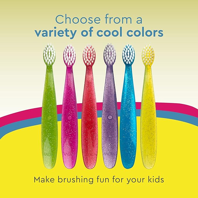 RADIUS Children's Toothbrush, Totz Brush, Extra Soft Bristles, Green/Coral/Yellow, BPA Free & ADA Accepted, Designed for Delicate Teeth & Gums for Children 18 Months & Up, Pack of 3