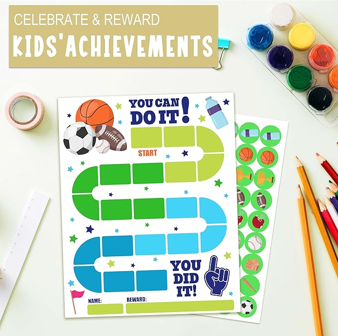 20 Sports Reward Chart with 432 Round Stickers, Incentive Behavior Chart for Kids at Home Classroom, Kids Routine Daily Chore Sticker Chart-B14