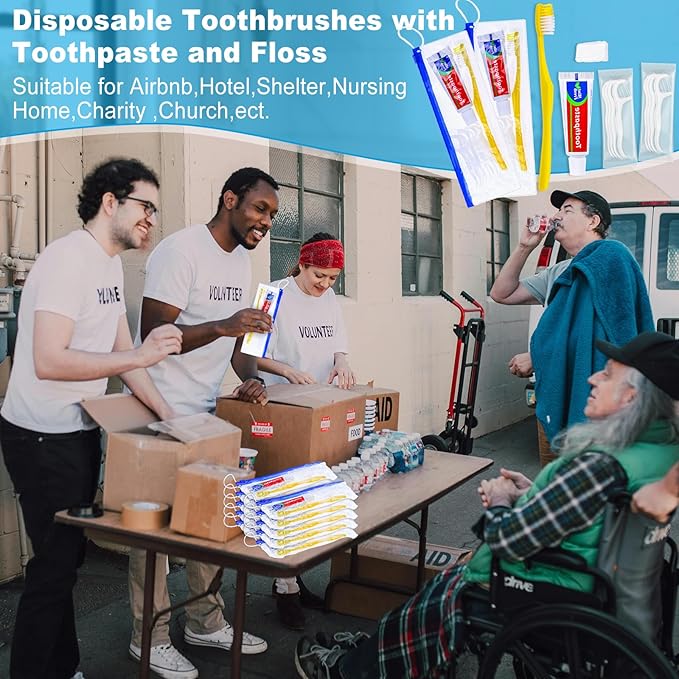100 pcs Disposable Toothbrushes with Toothpaste and Floss Set,Yellow Individually Wrapped Bulk Single Use Toothbrush Floss Cover Travel Toothbrushes Kit with Zip Bag for Homeless,Hotel,Guest