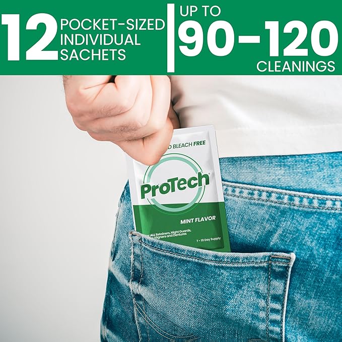 Protech Denture Cleaner 7g (3-Month Supply) Denture Cleanser Foils for Retainers, Nightguards, Mouthguards, and Dentures, Nicotine, Coffee and Iron Cleaning Foils, No Tablets, Long Lasting Packets