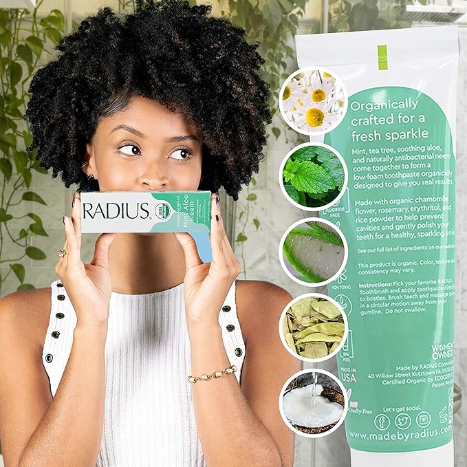 Radius Toothpaste, Mint Aloe Neem, 3 oz, USDA Organic Non-Toxic Chemical-Free Gluten-Free, Designed to Improve Gum Health & Prevent Cavities, Pack of 6