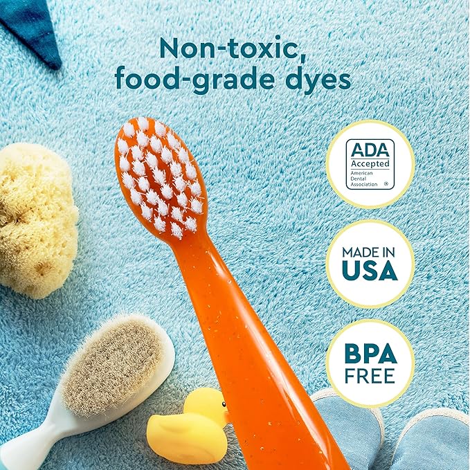 RADIUS Children's Toothbrush, Totz Brush, Extra Soft Bristles, Blue/Coral/Yellow, BPA Free & ADA Accepted, Designed for Delicate Teeth & Gums for Children 18 Months & Up, Pack of 3