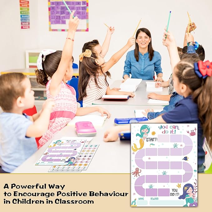 10 Mermaid Reward Chart with 216 Round Stickers, Incentive Behavior Chart for Kids at Home Classroom, Kids Routine Daily Chore Sticker Chart-A11