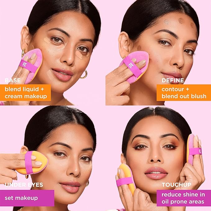 Real Techniques Miracle 2-In-1 Powder Puff 4 Pack, Dual-Sided, Full Size Makeup Blending Puff, Reversible Elastic Band, Makeup Sponge & Powder Puff, For Liquid, Cream & Powder Products, Cruelty-Free