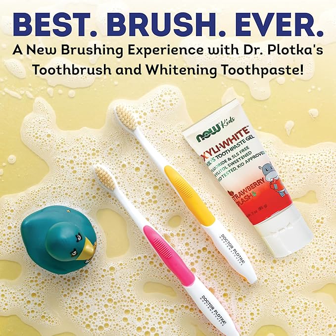 MOUTHWATCHERS Soft Childrens Flossing Manual Toothbrush, Set of 2, Pink and Yellow Toothbrushes for Kids & Teens, Ultra Clean, by Dr. Plotka's