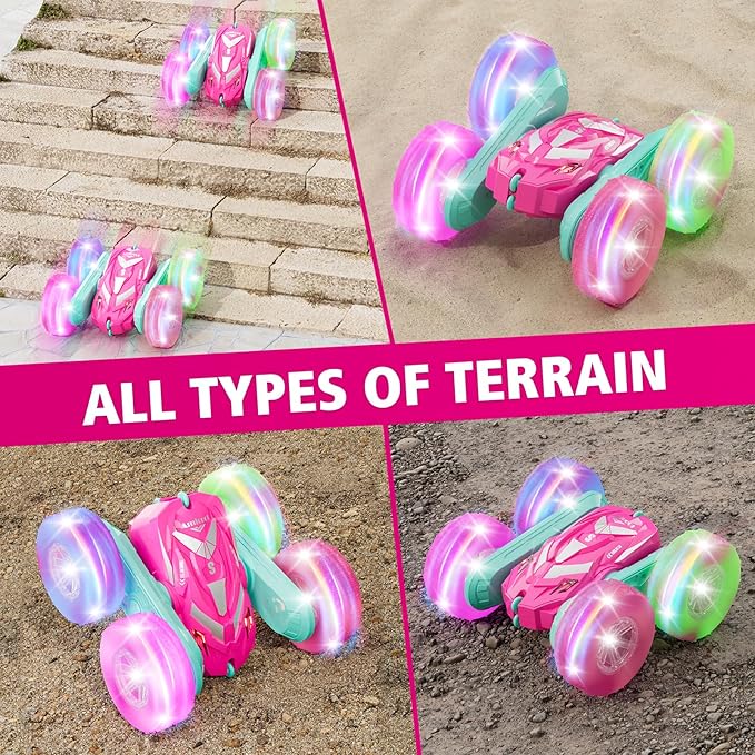 Remote Control Car for Girls 6-12 with Flashing Light, Toys 6 7 8 9 Years Old Girl Birthday Gifts Idea, RC Cars Stunt 4WD 2.4Ghz Double Sided 360° Flip, Present for Kids, Christmas, Pink