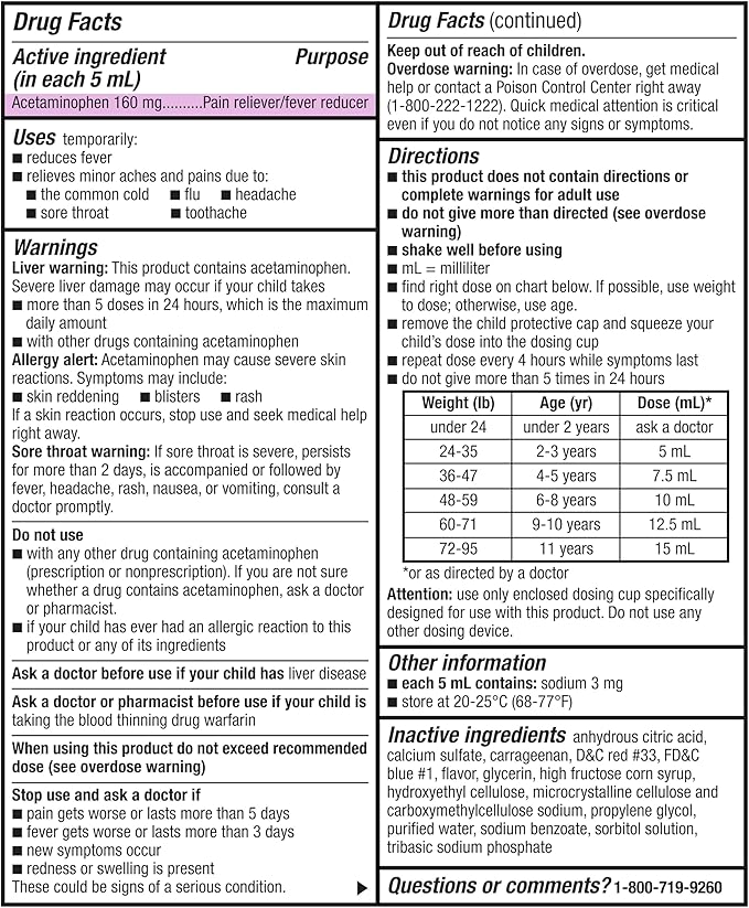 Amazon Basic Care Children's Acetaminophen 160 mg per 5 mL Oral Suspension, Grape Flavor, Pain Reliever and Fever Reducer for Headache, Sore Throat and Toothache, 4 fl oz (Pack of 1)