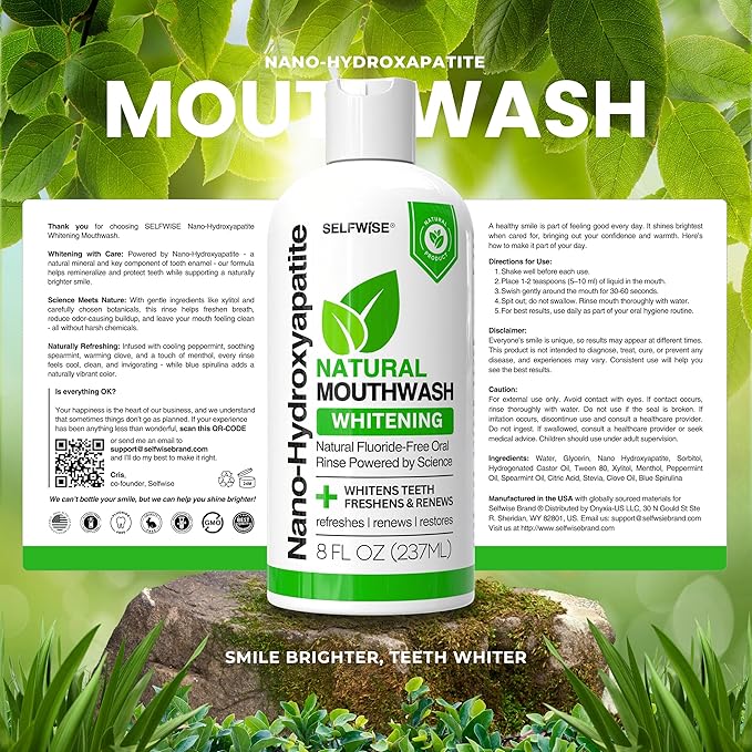 Nano-Hydroxyapatite Natural Whitening Mouthwash with Xylitol – Fluoride-Free, Alcohol-Free, Antiseptic Oral Rinse for Fresh Breath & Enamel Protection – Gentle for Sensitive Teeth