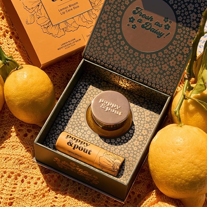 Poppy & Pout Lip Care Set | Lip Balm & Scrub | Sustainable Cardboard Tubes & Glass Jars, All Natural, Beeswax, Coconut Oil, Cruelty Free, Exfoliating & Moisturizing Lip Treatment (Lemon Bloom)