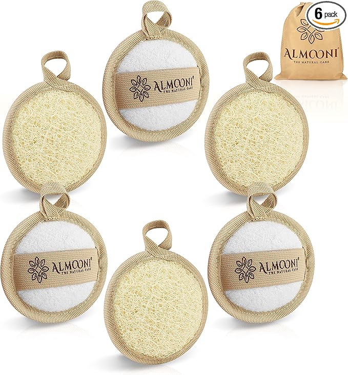 Almooni Natural Loofah Exfoliating Facial Scrubber, Made with Natural Egyptian Shower Loofah Sponge, Bath Shower Loofah Sponge for Women and Men, for Face That Gets You Clean - 6 Count (1 Pack)