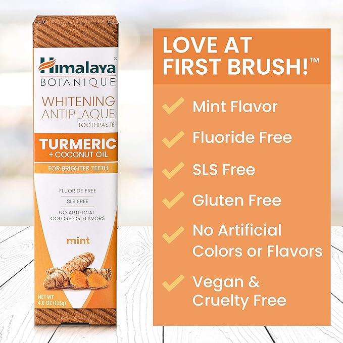 Himalaya Botanique Whitening Antiplaque Toothpaste, Mint Flavor with Turmeric & Coconut Oil - Whitening Toothpaste Without Fluoride for Brighter Teeth - Vegan, SLS Free, Gluten Free, 4 oz