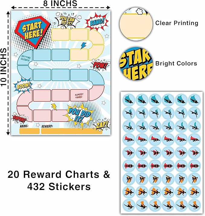 20 Superhero Reward Chart with 432 Round Stickers, Incentive Behavior Chart for Kids at Home Classroom, Kids Routine Daily Chore Sticker Chart-B12